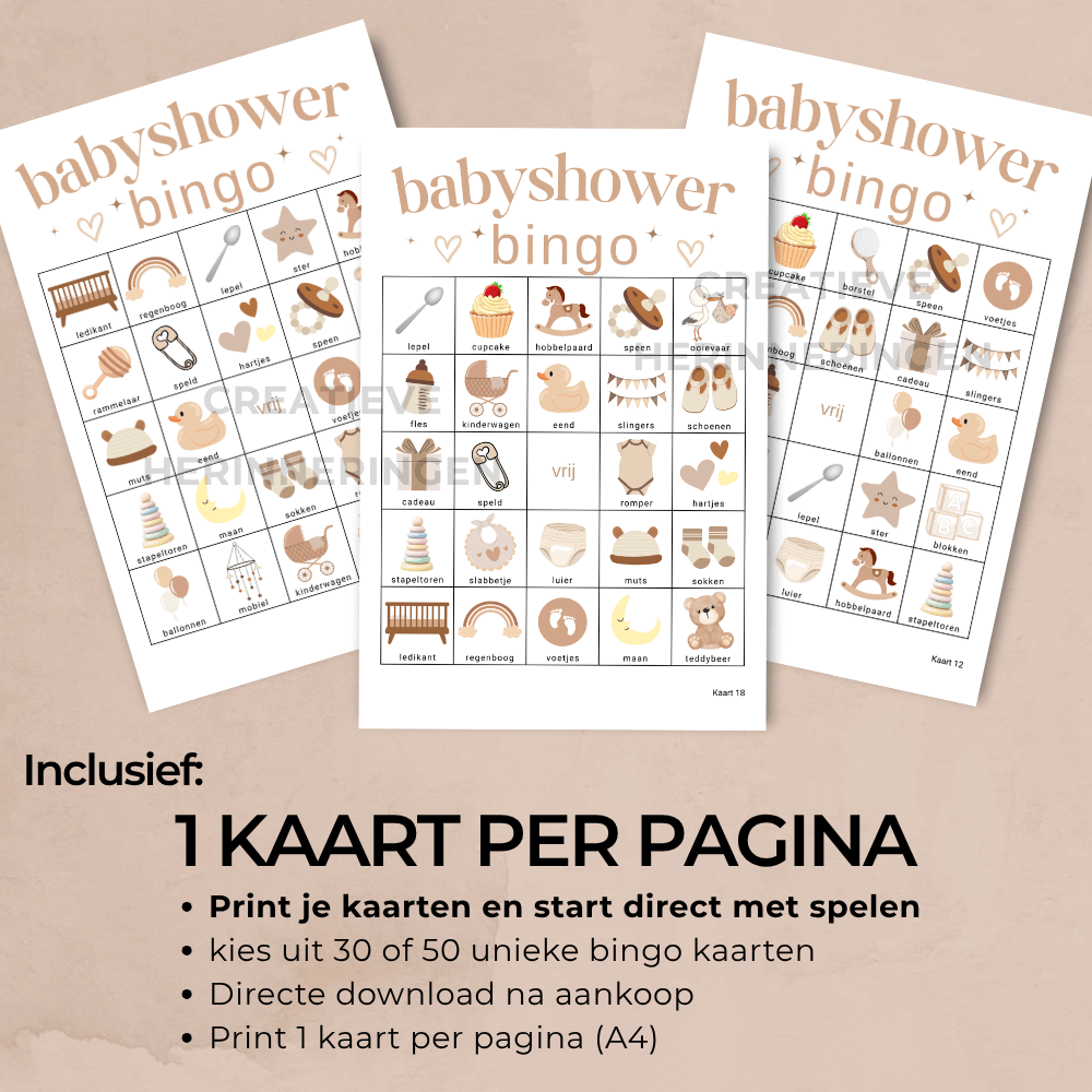 Direct te downloaden babyshower bingo spel in beige natuurlijke tinten