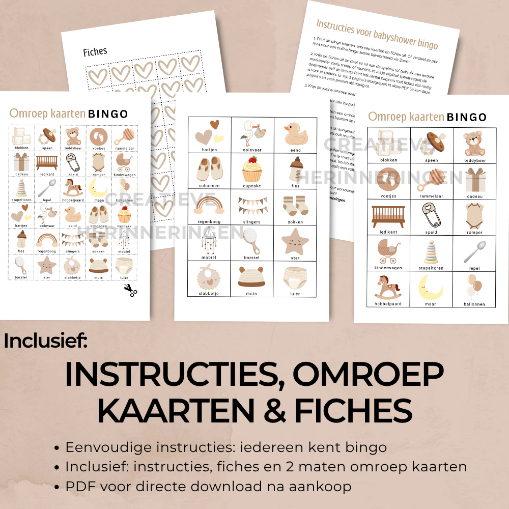Uit te printen babyshower spelletje: stijlvolle beige bingo kaarten (30 of 50)