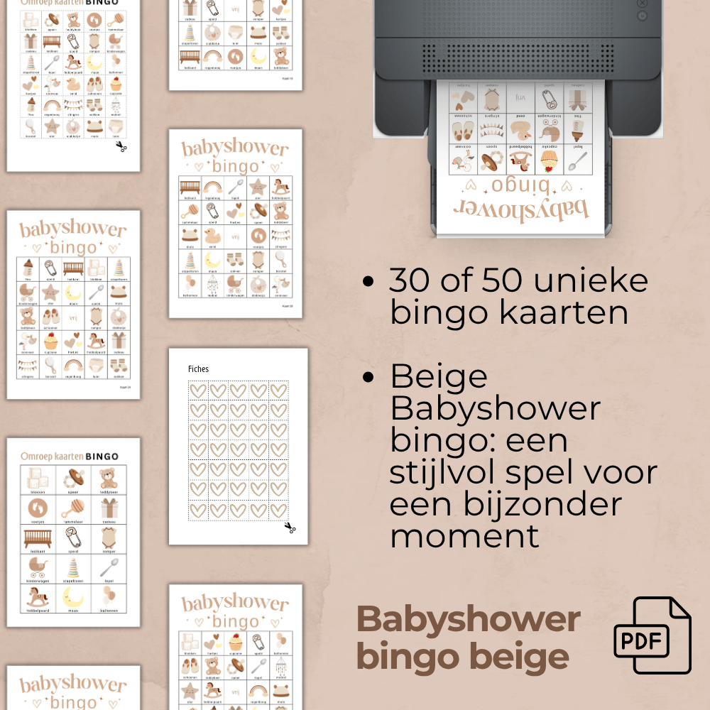 Babyshower bingo met 30 unieke kaarten in beige kleur, gender neutraal