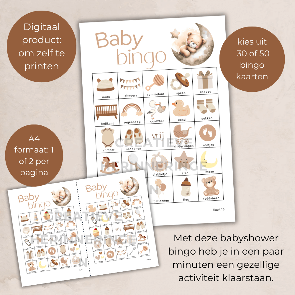 Beige teddybeer babyshower activiteit met beer en maan, 30 unieke bingo kaarten