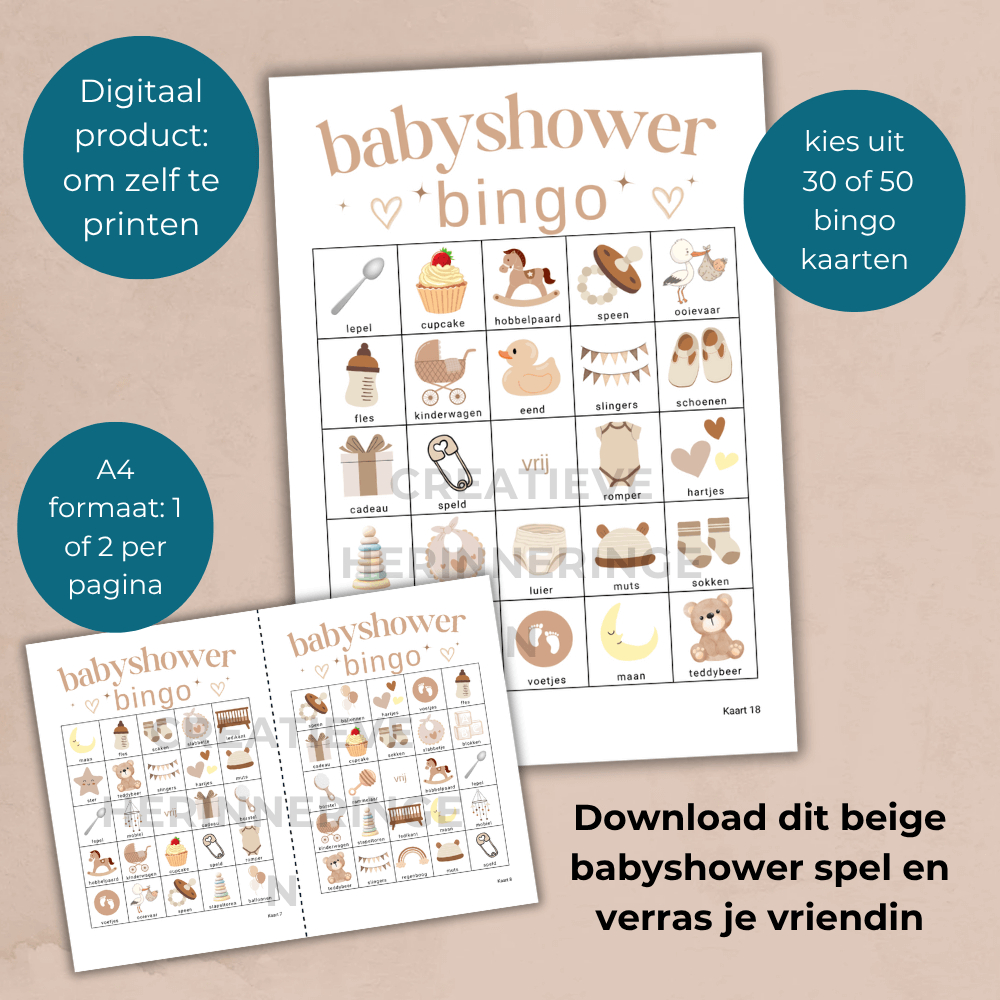 Nederlandse versie van een beige babyshower bingo spel