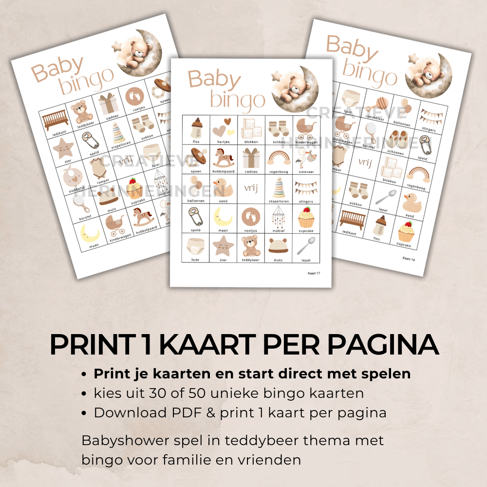 Babyshower bingo PDF in beige teddybeer thema, set van 30 of 50 printbare kaarten