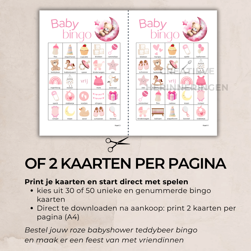 Roze babyshower activiteit met knuffelbeer voor meisje op komst, PDF download bingo met 30 kaarten