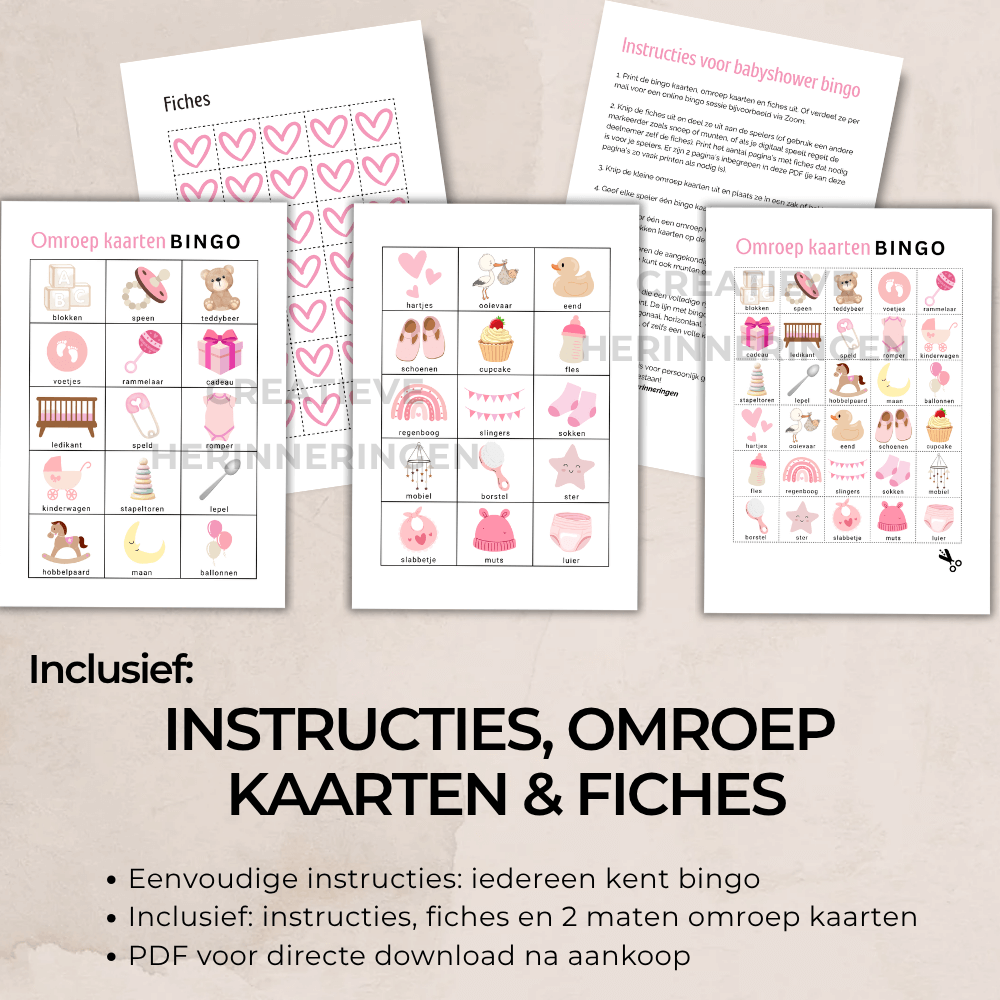 Roze babyshower bingo voor een meisje met klassieke uitstraling