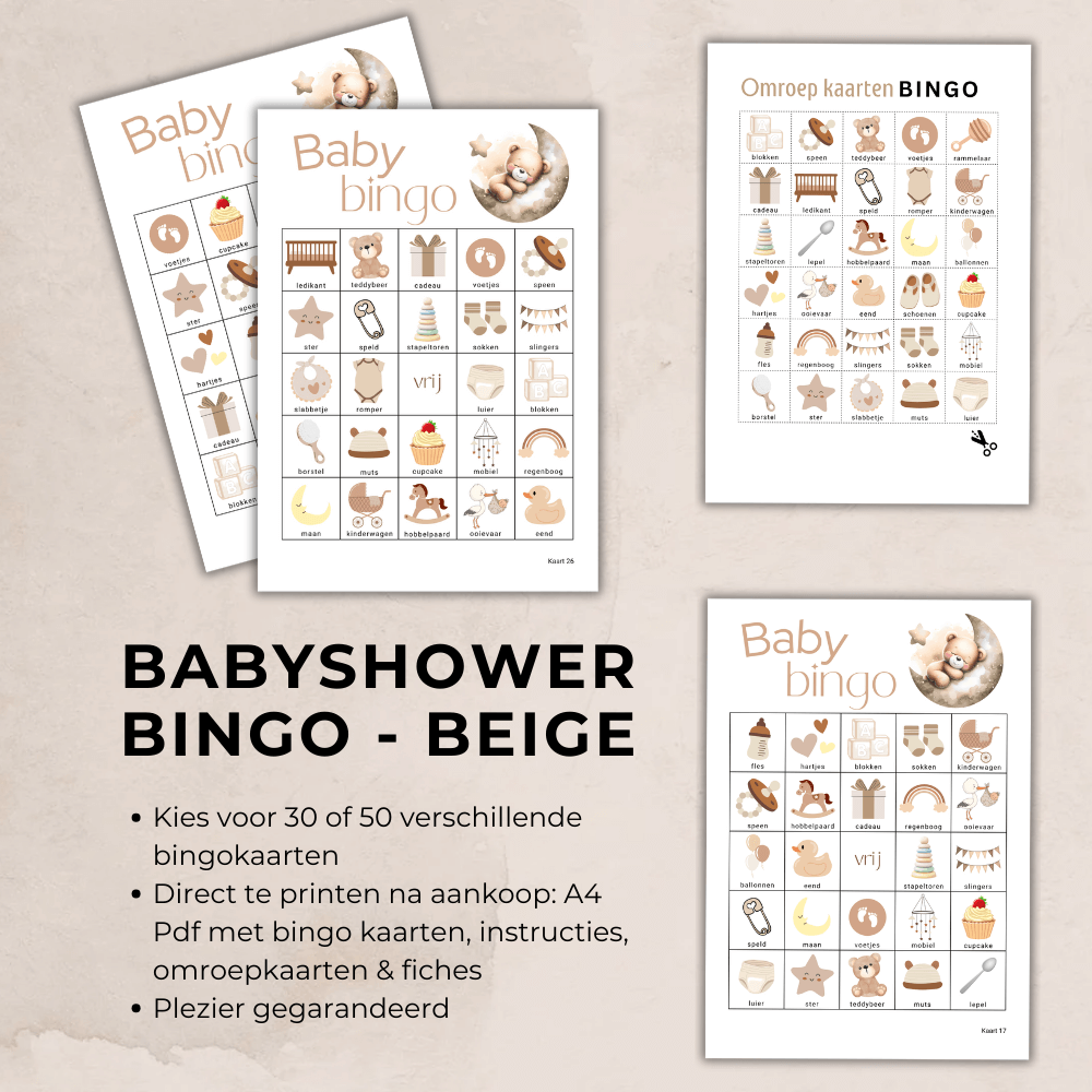 Teddybeer babyshower activiteit in beige, neutraal thema, te downloaden en printen bingo spel