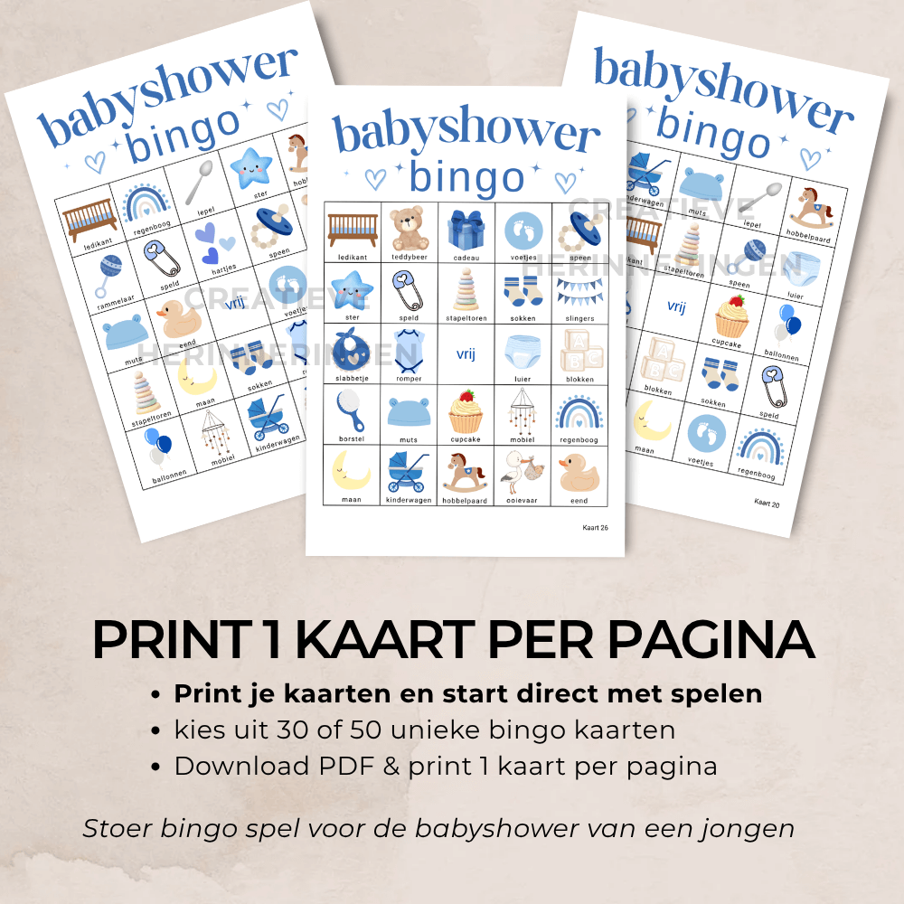 Babyshower spelletjes voor jongen: blauwe babyshower bingo om direct te printen