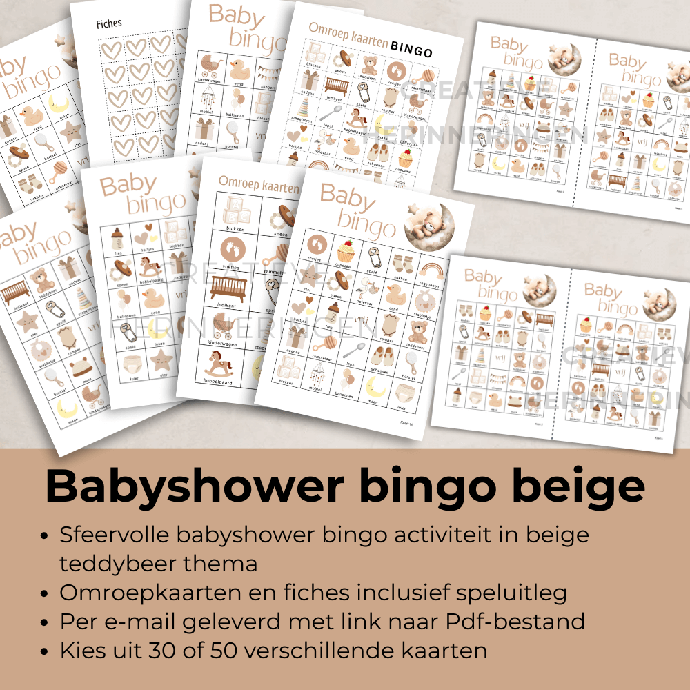 Babyshower spel in beige met teddybeer, maan en ster, bingo spel PDF om te printen