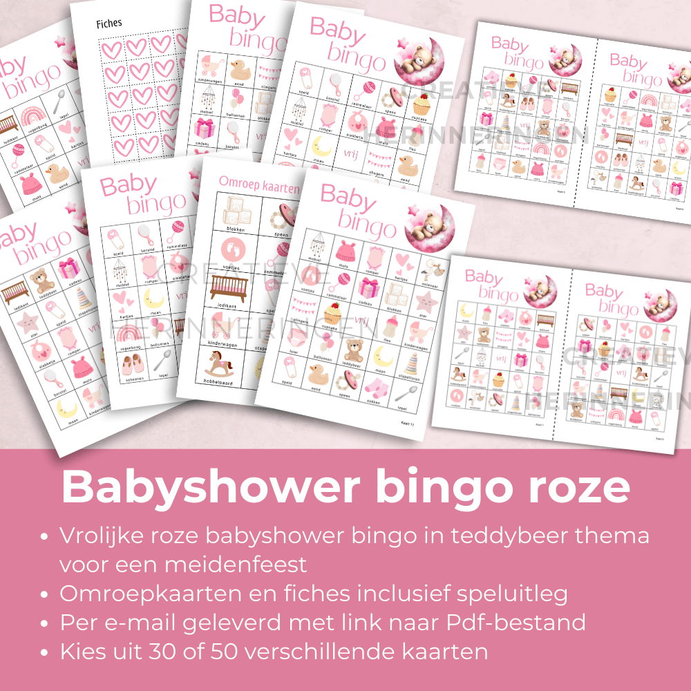 Babyshower bingo in roze teddybeer thema voor meisje op komst, direct te printen 30 of 50 kaarten