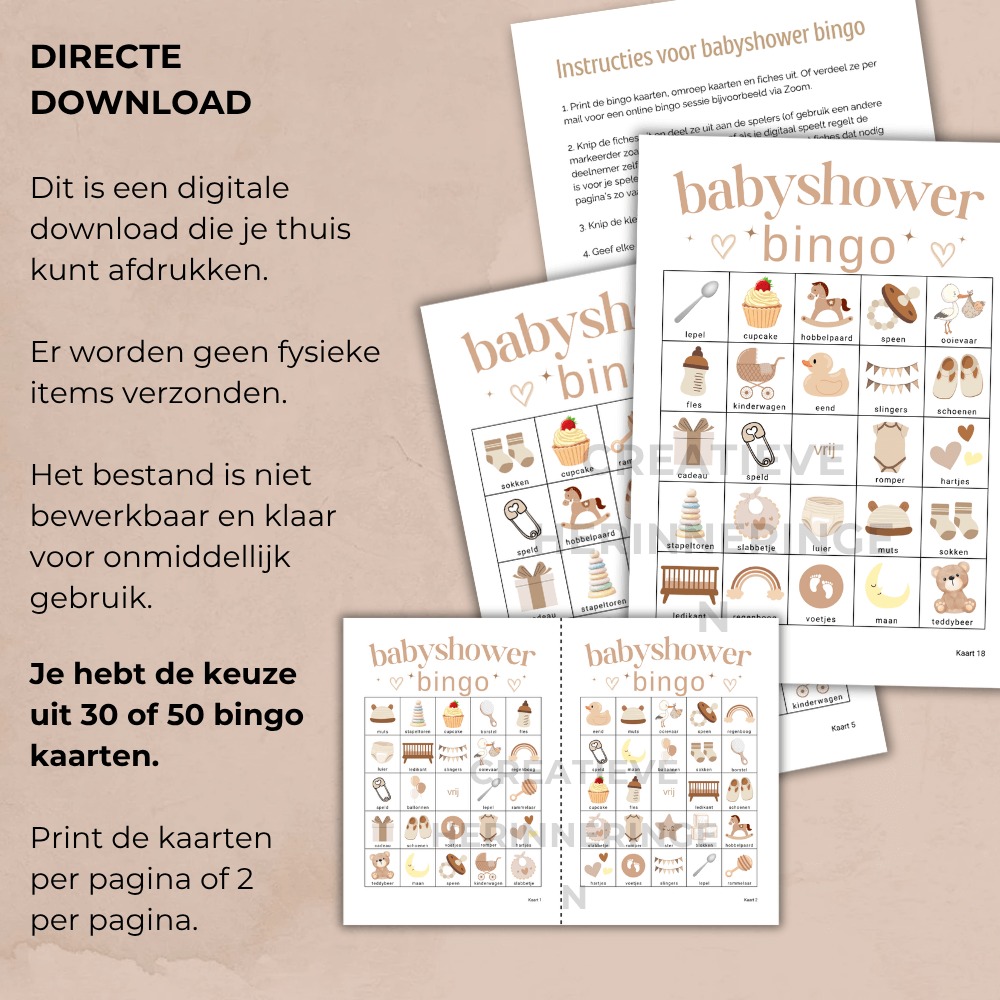 Te printen babyshower bingo spel met 30 of 50 kaarten in beige kleur