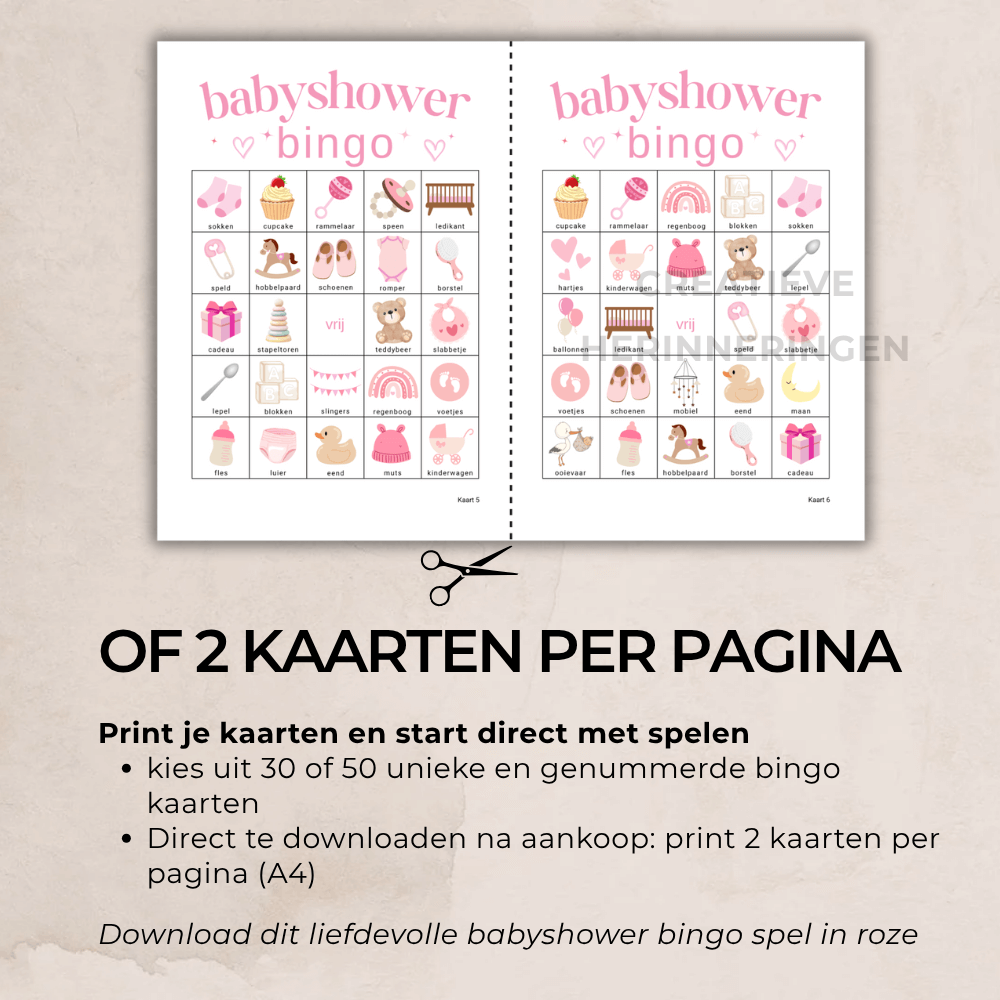 Zelf te printen babyshower bingo kaarten in zachte roze kleuren – 30 of 50 kaarten