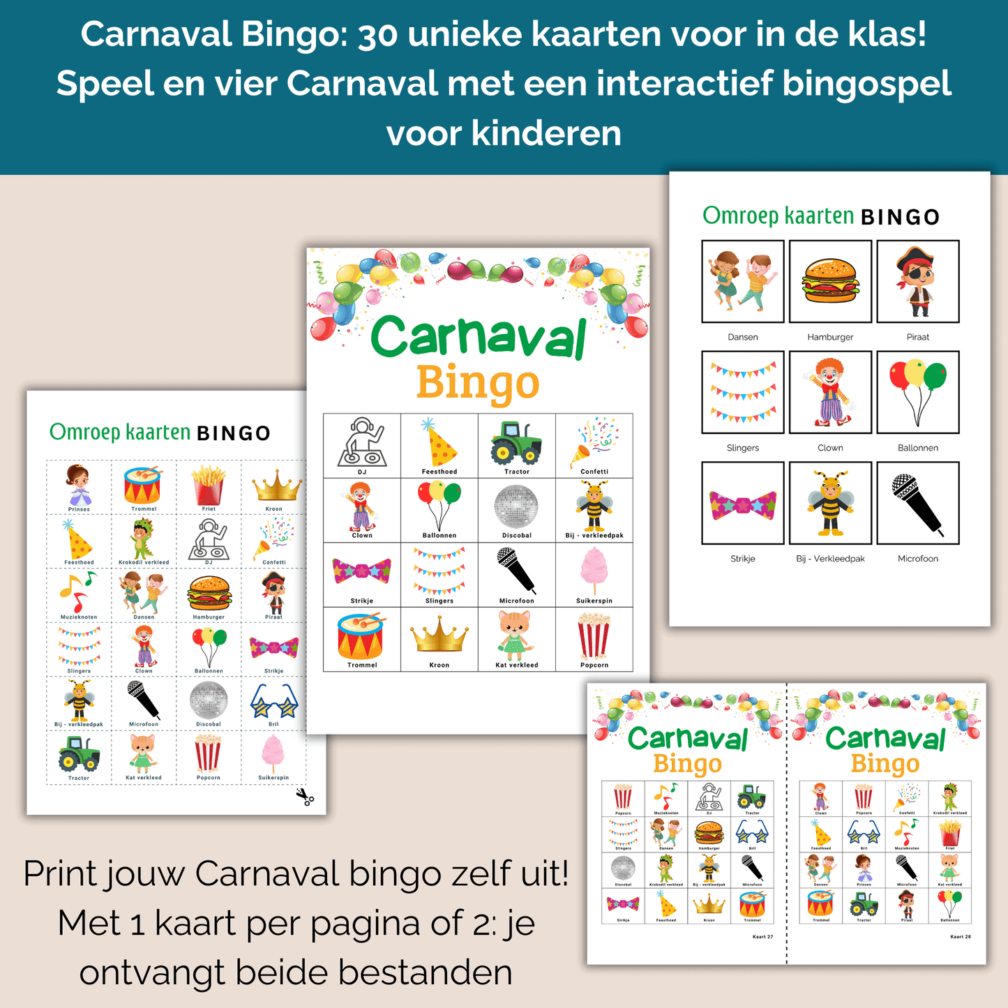 Carnaval activiteiten basisschool: leuke bingo voor Carnaval in de klas, 30 uit te printen kaarten