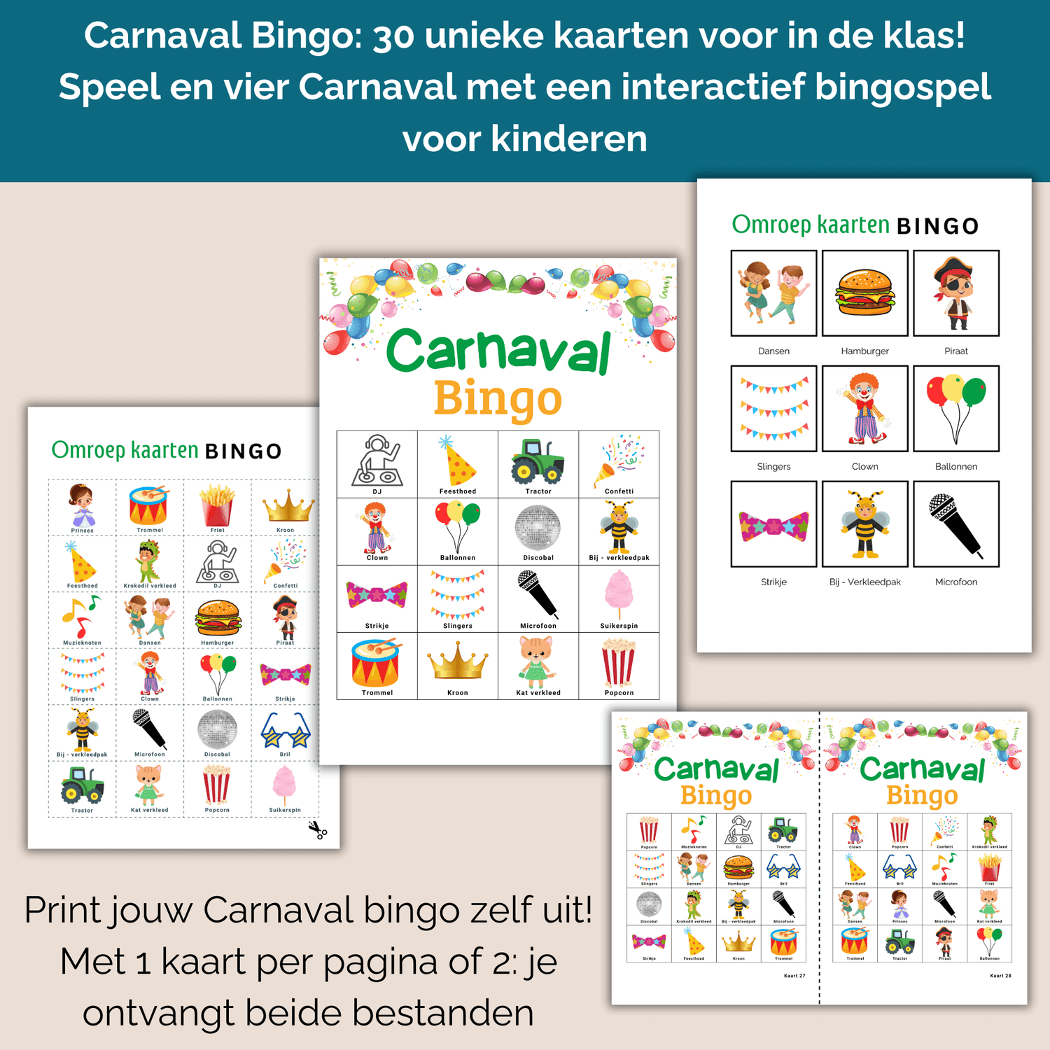 Carnaval activiteiten basisschool: leuke bingo voor Carnaval in de klas, 30 uit te printen kaarten