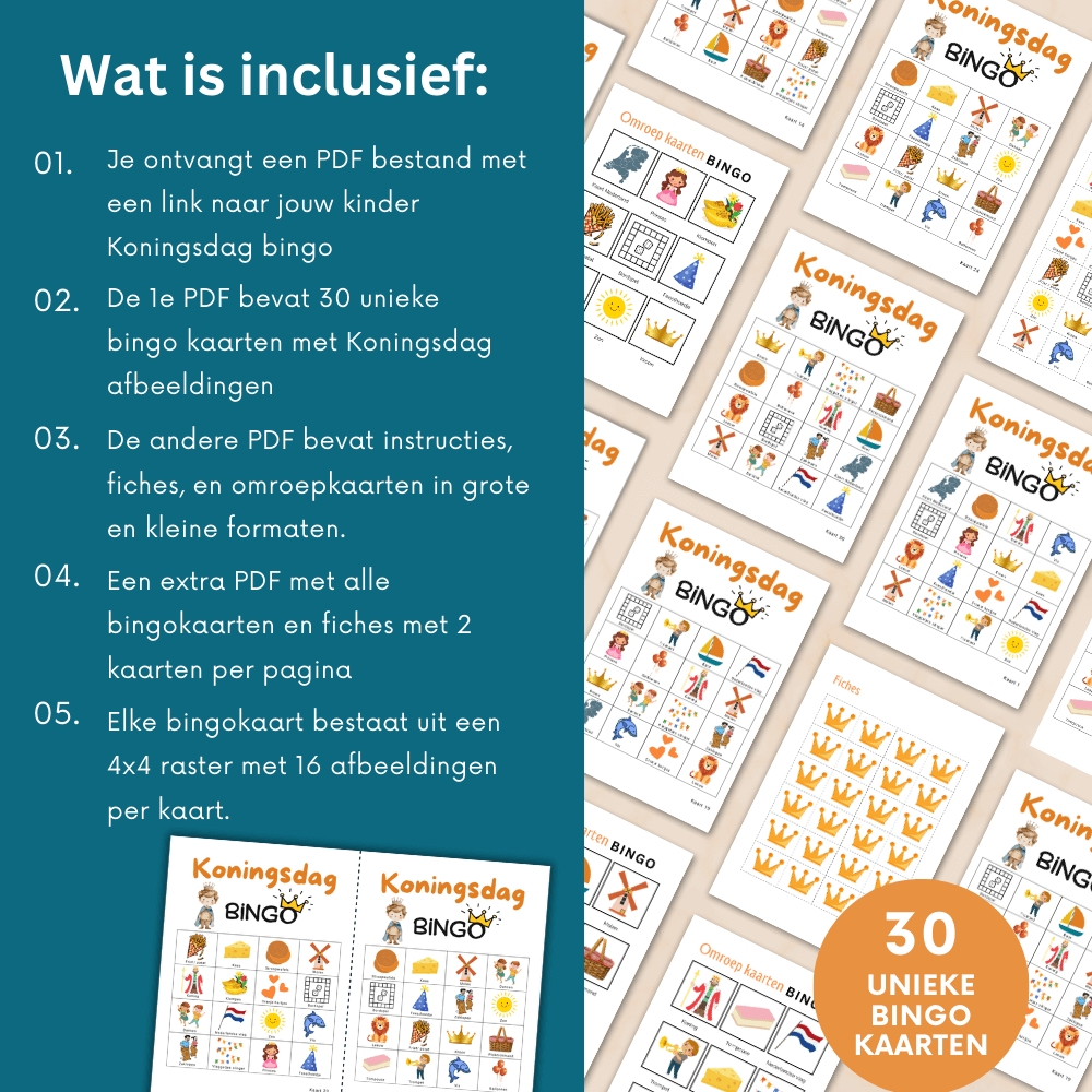 Print deze Koningsdag bingo voor kinderen en speel samen op school of tijdens de Koningsspelen.