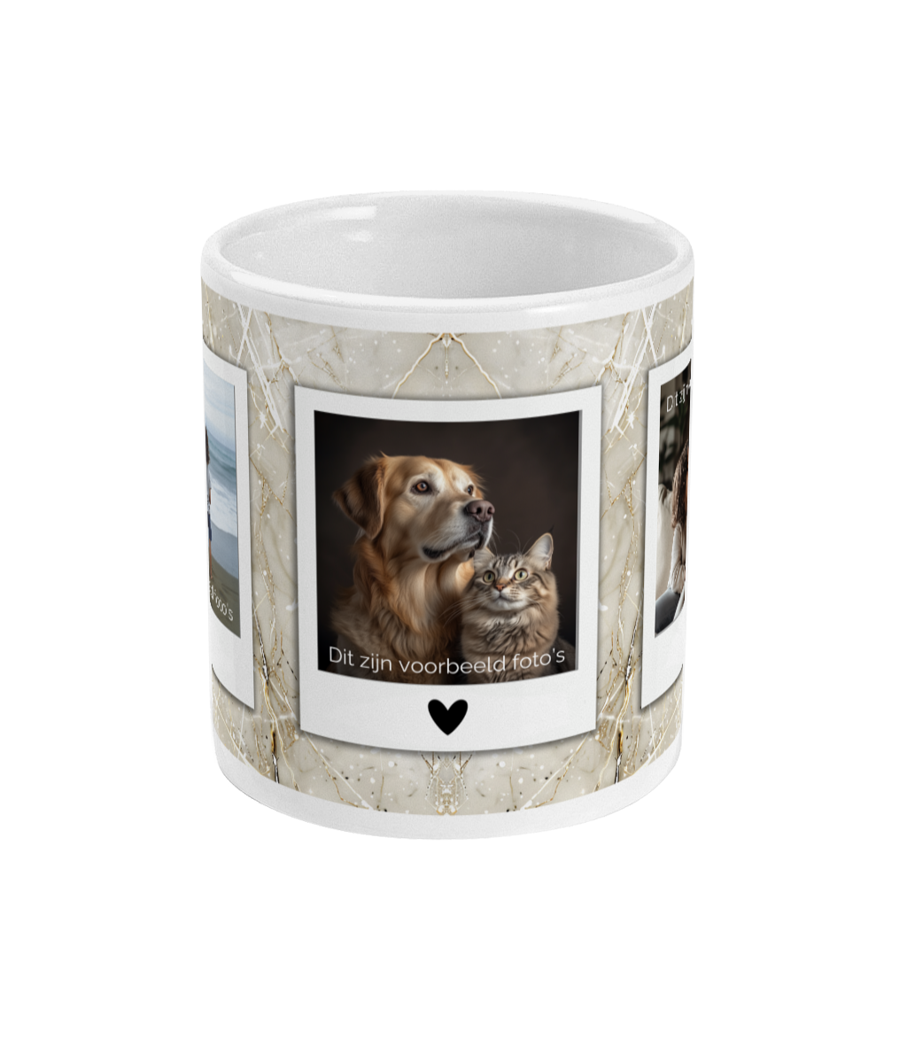 3 Foto’s op mok met hartjes in polaroid goud beige marmer look
