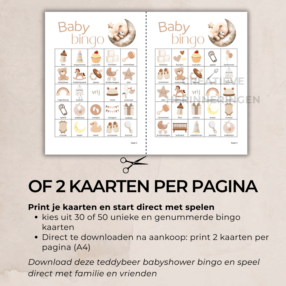 Uit te printen babyshower bingo in beige teddybeer thema, 30 of 50 unieke kaarten