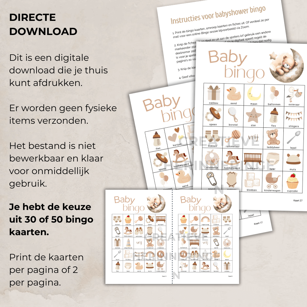 Beige babyshower bingo spel met teddybeer en maan, pdf om te downloaden ene printen
