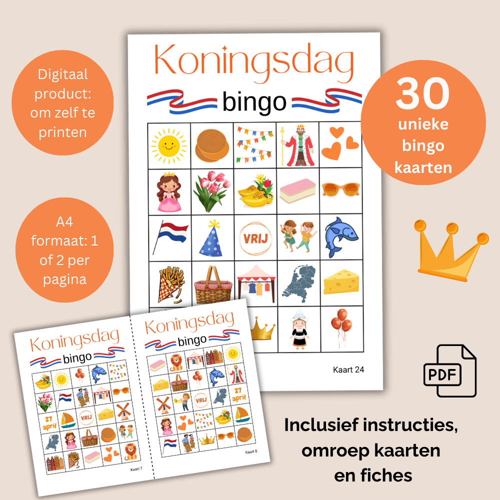 Koningsdag activiteiten met een bingo spel van 30 kaarten als PDF om te printen