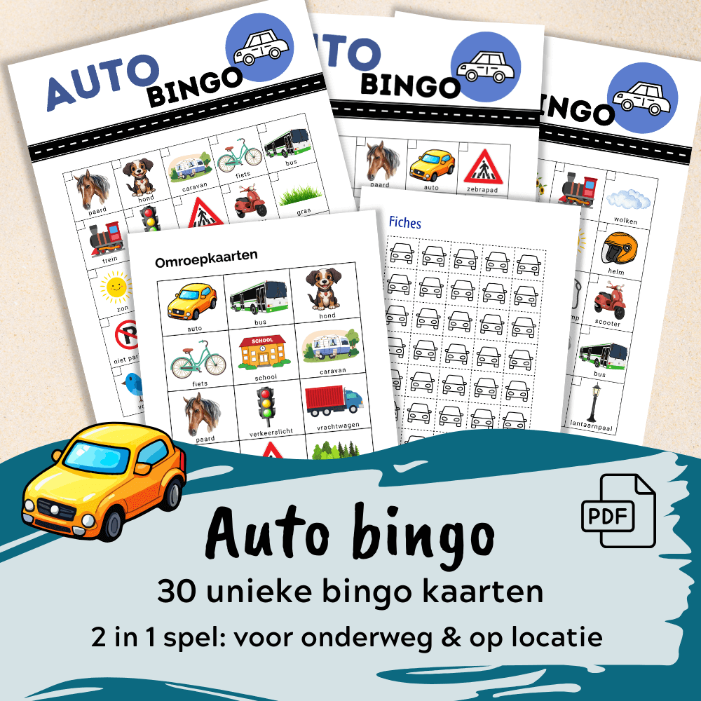 Auto spel met bingokaarten voor onderweg of als familieactiviteit op vakantie
