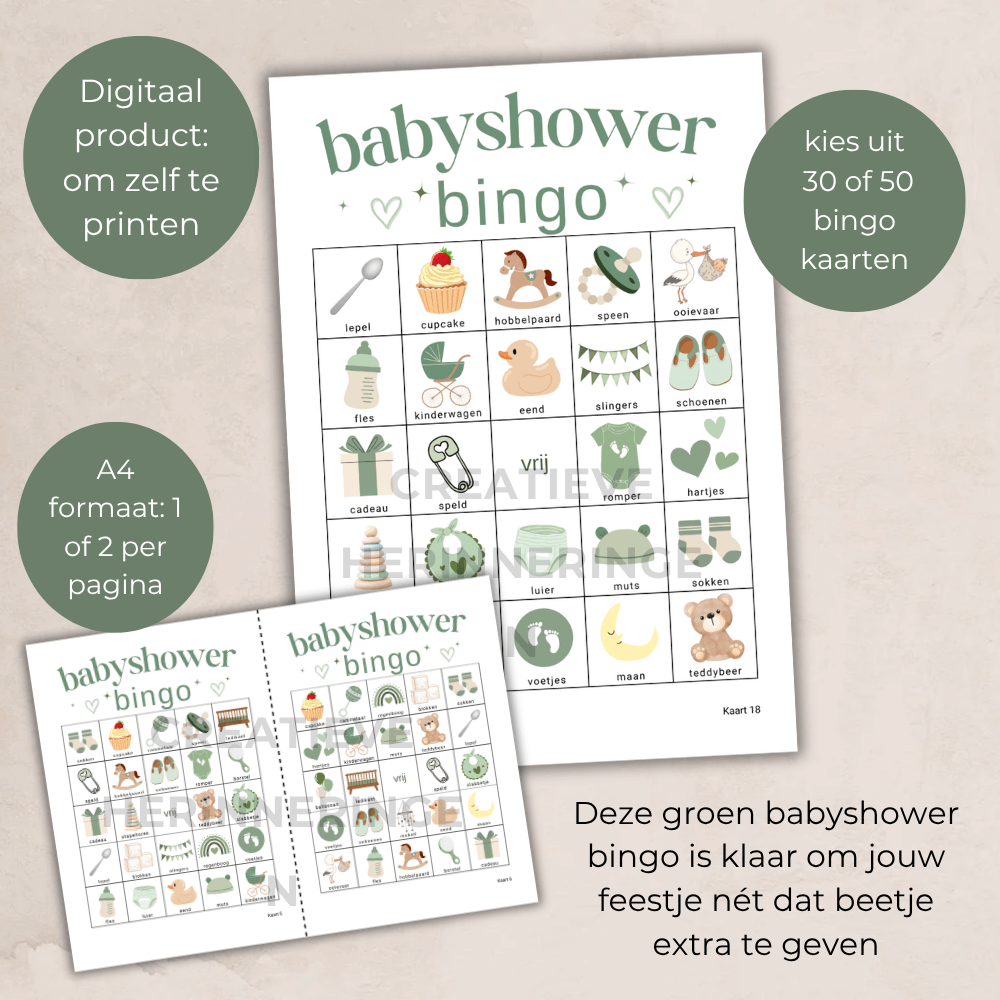 Babyshower spelletje in groene kleur voor jong en oud, bingo met 30 kaarten
