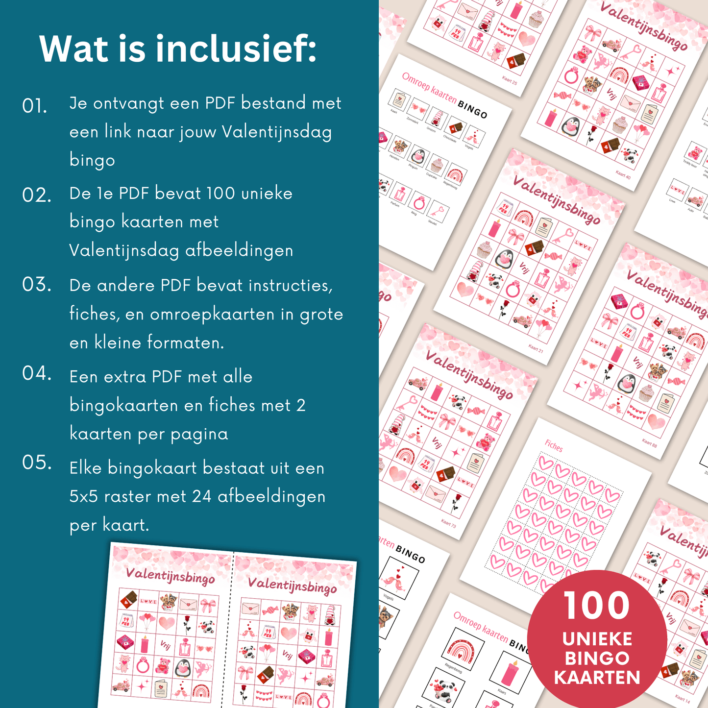 Valentijnsdag bingo: Liefdevolle activiteit met 100 unieke kaarten, te spelen tot 100 personen