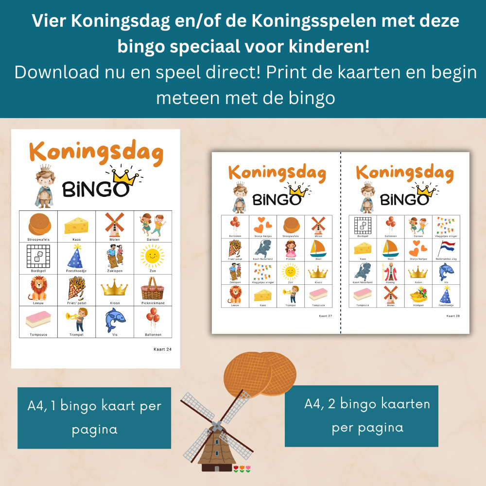 Leuke Koningsdag activiteiten voor kinderen op school met een interactief Koningsdag bingo spel.