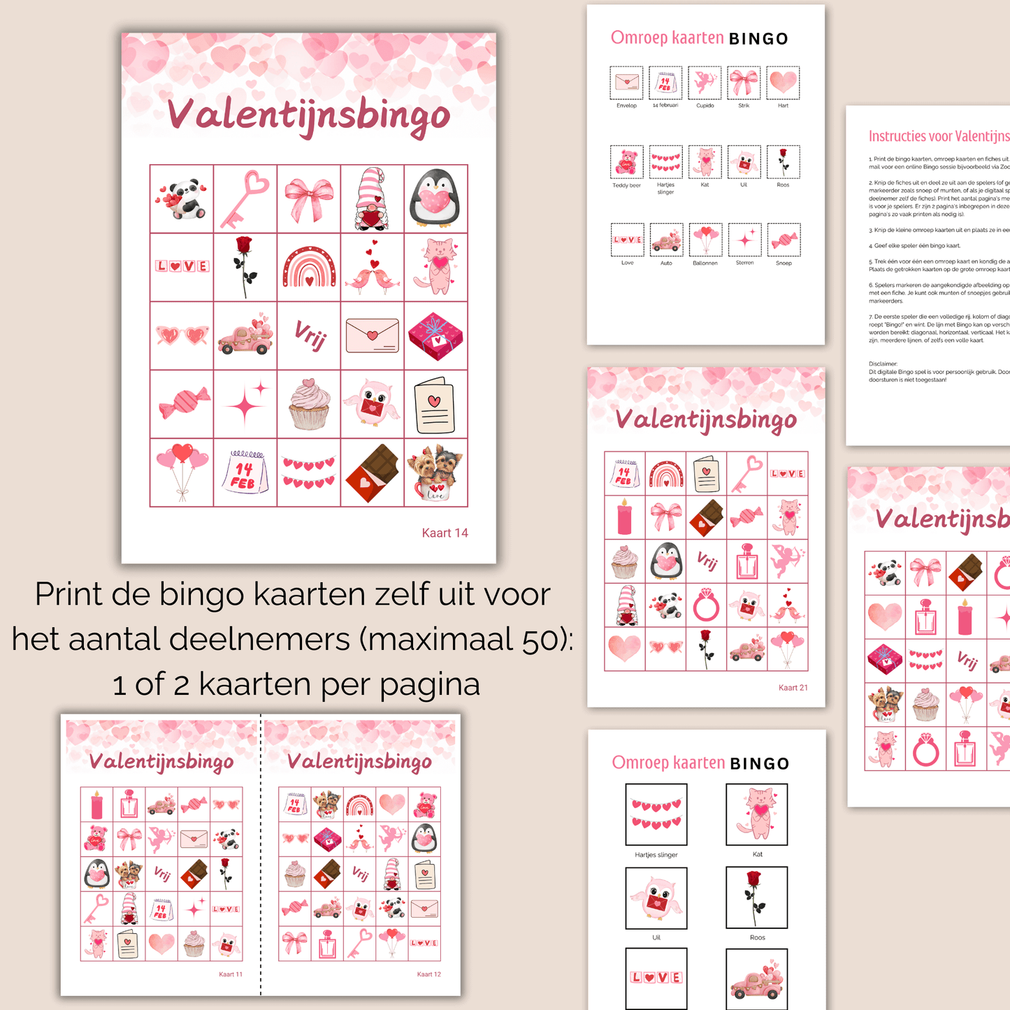 Valentijn activiteiten voor ouderen: Bingo met 50 unieke kaarten om te printen