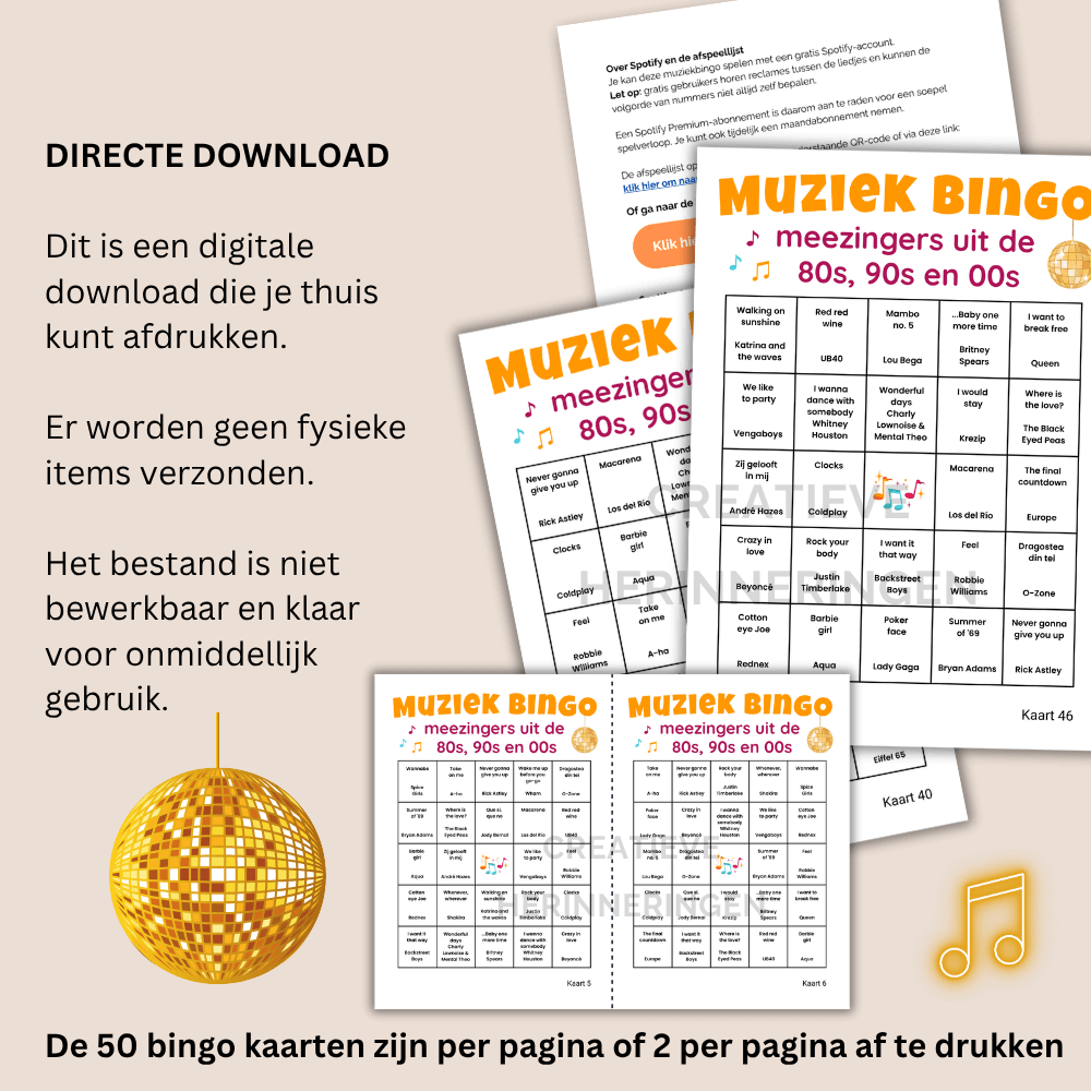 Muziekfeest bingo met feestmuziek (uit jaren 80,90,00) voor feestjes, evenementen of thuis met vrienden