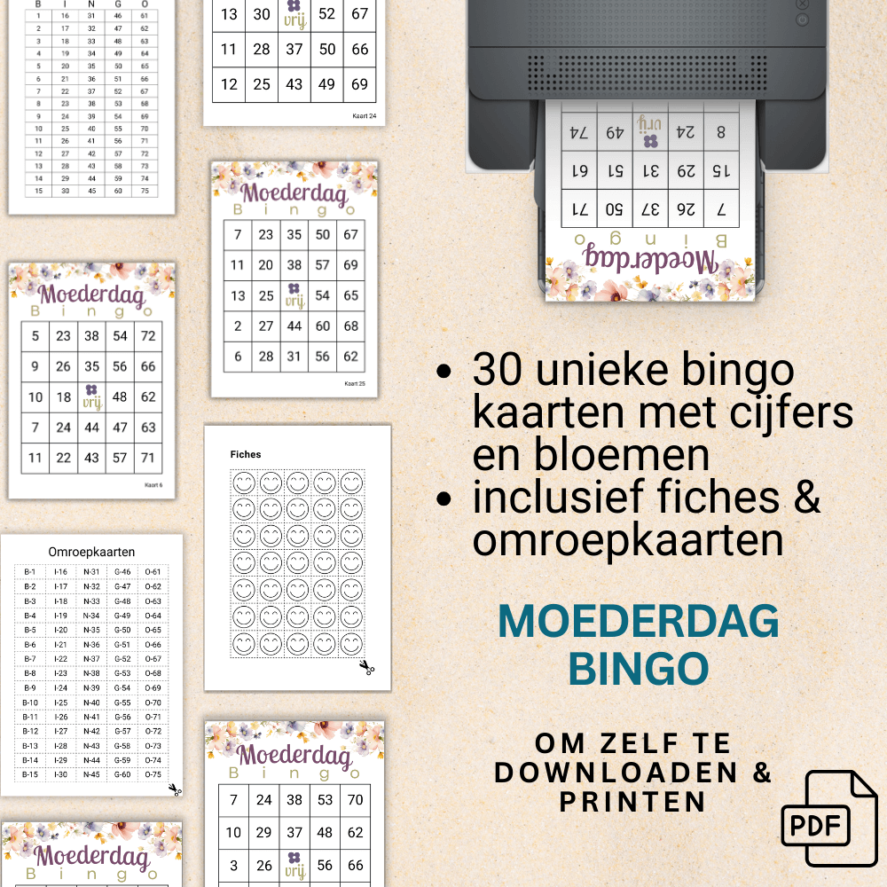 Digitale bingo voor Moederdag als PDF download, tot 30 spelers.