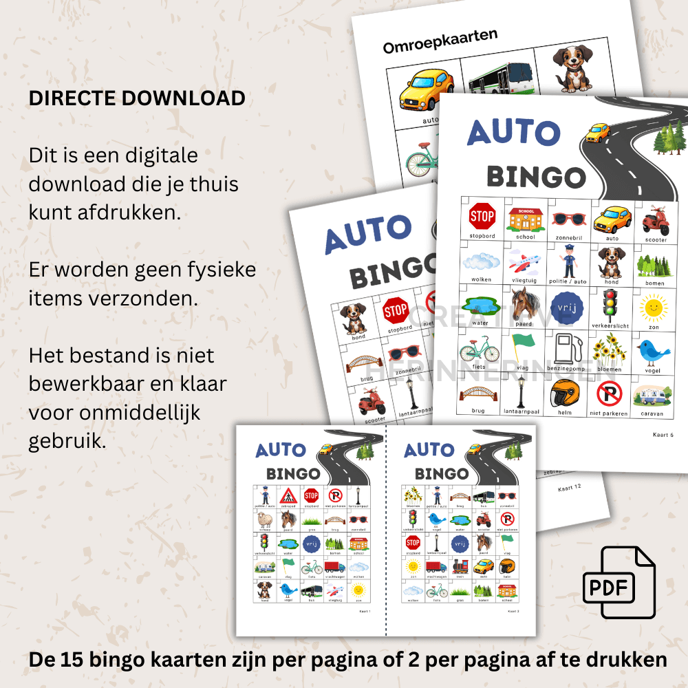 Autobingo snelweg spel met 15 kaarten voor kinderen, perfect voor onderweg én als gezelschapsspel thuis