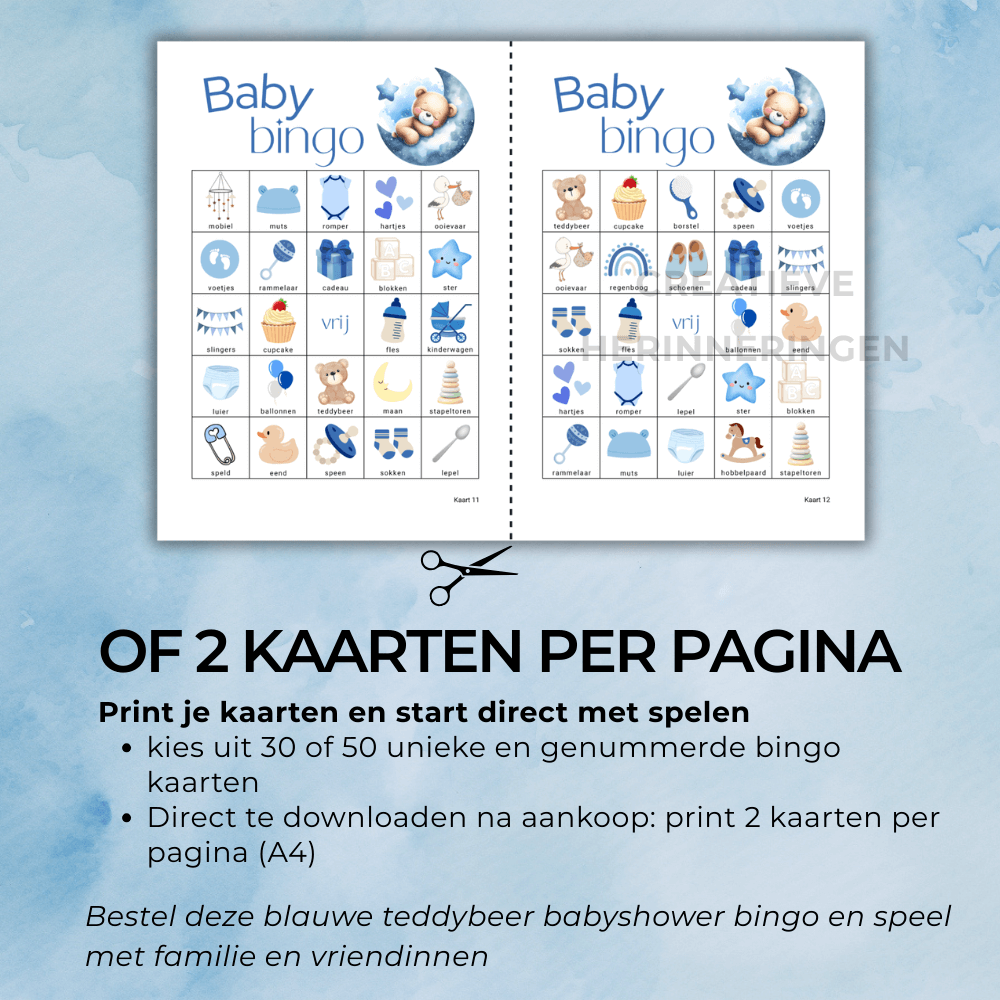 Bingo spel voor jongensbabyshower in blauw met beer en maan afbeelding, 30 of 50 unieke kaarten