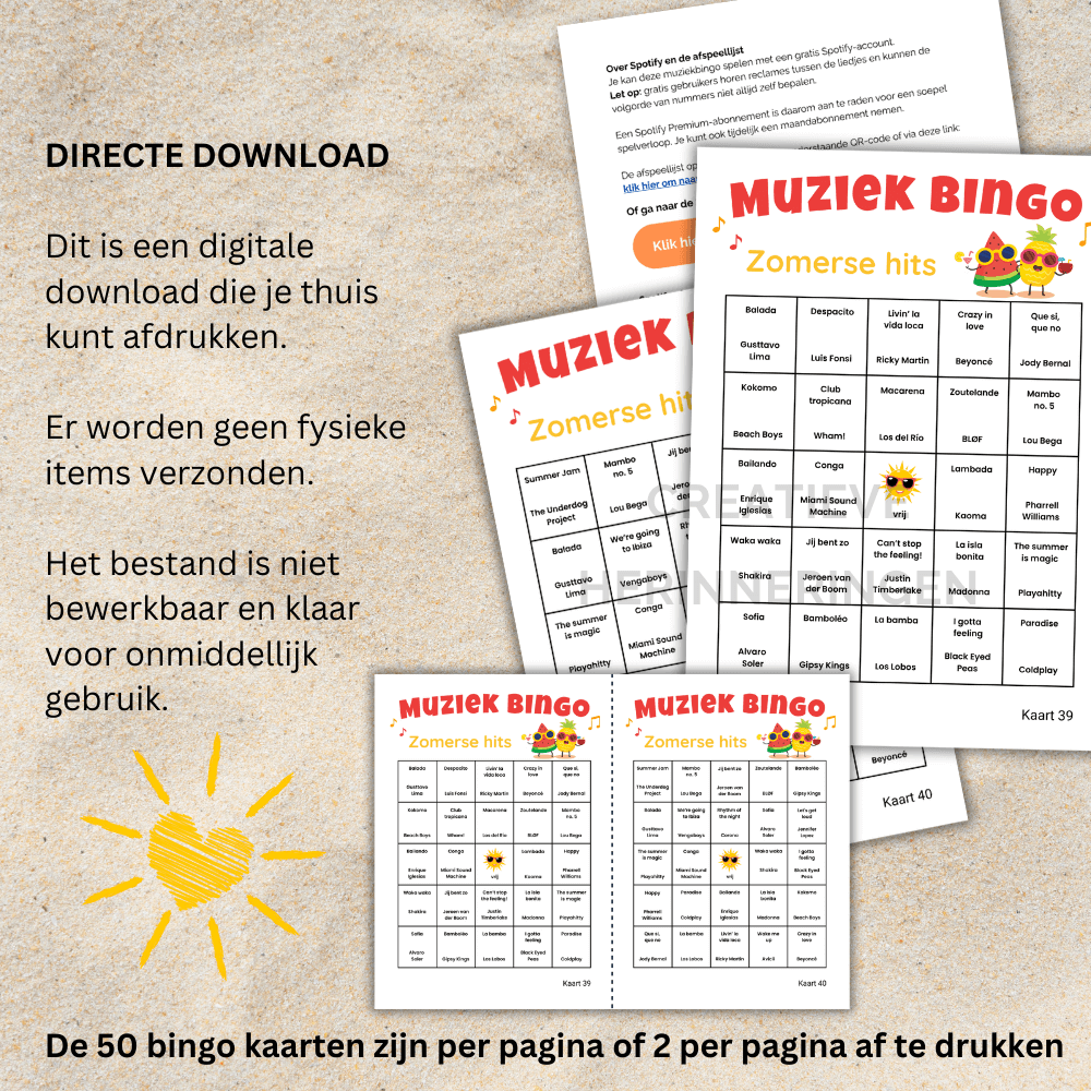 Muziek bingo spel met zomerse muziek voor gezellige avonden, 50 unieke kaarten