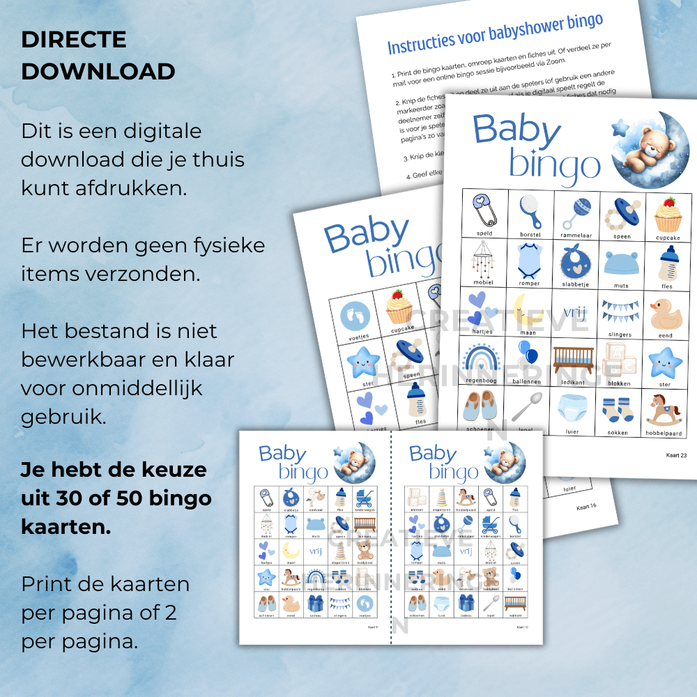 Blauwe babyshower bingo voor jongen met teddybeer en maan, feestelijk ontwerp met 30 unieke kaarten