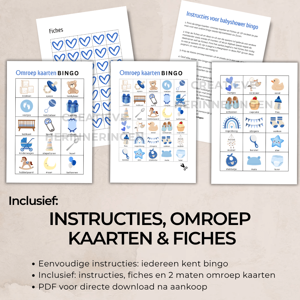 Blauw bingo spel voor babyshower vol gezelligheid voor vriendinnen, familie van aanstaande moeder