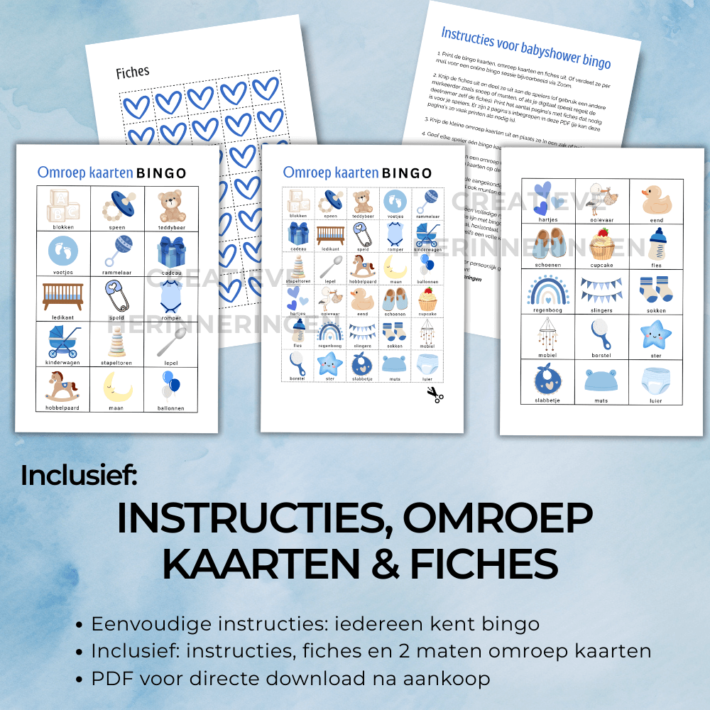 Stoere jongens babyshower bingo in blauw teddybeer thema voor gezellige middag met familie en vriendinnen