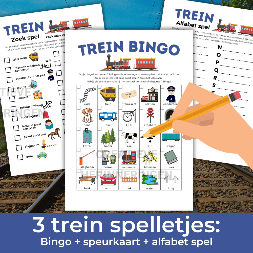 Drie uit te printen trein spellen voor kinderen onderweg