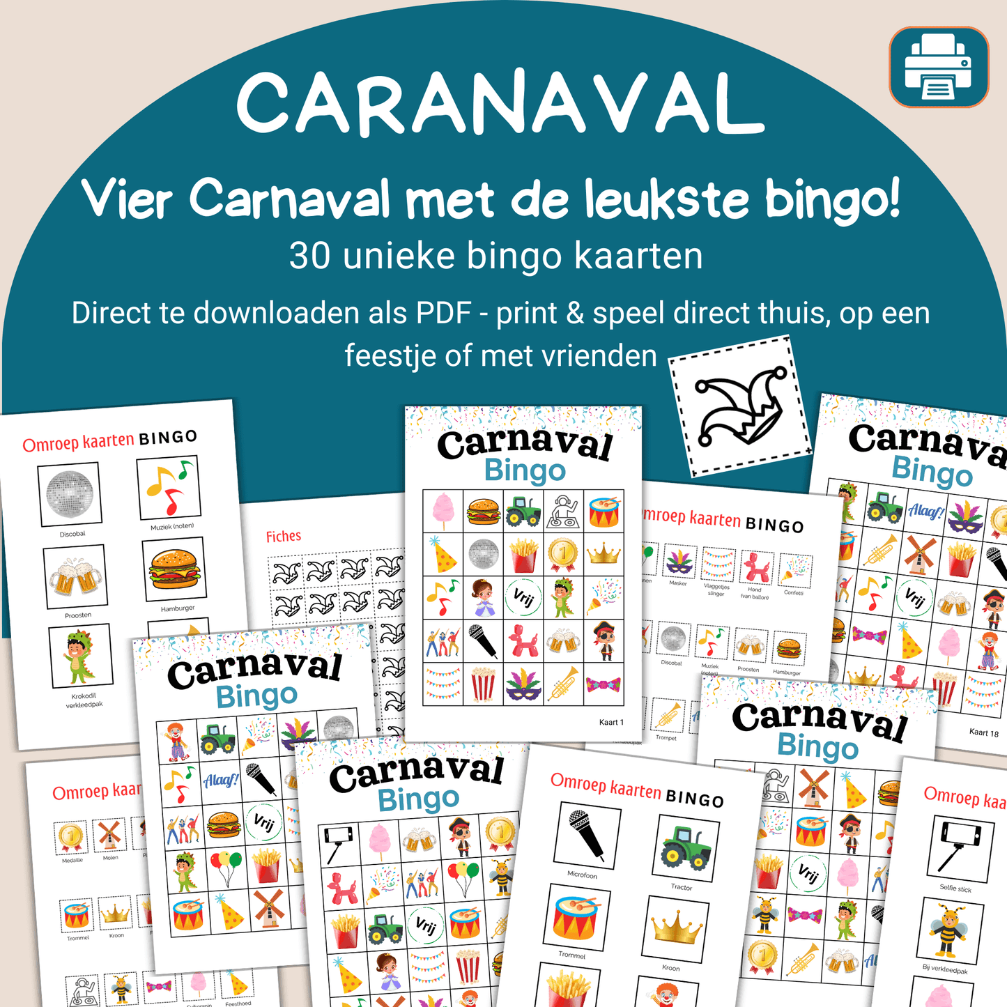 Carnaval spelletje met bingo – 30 unieke kaarten in Carnaval thema