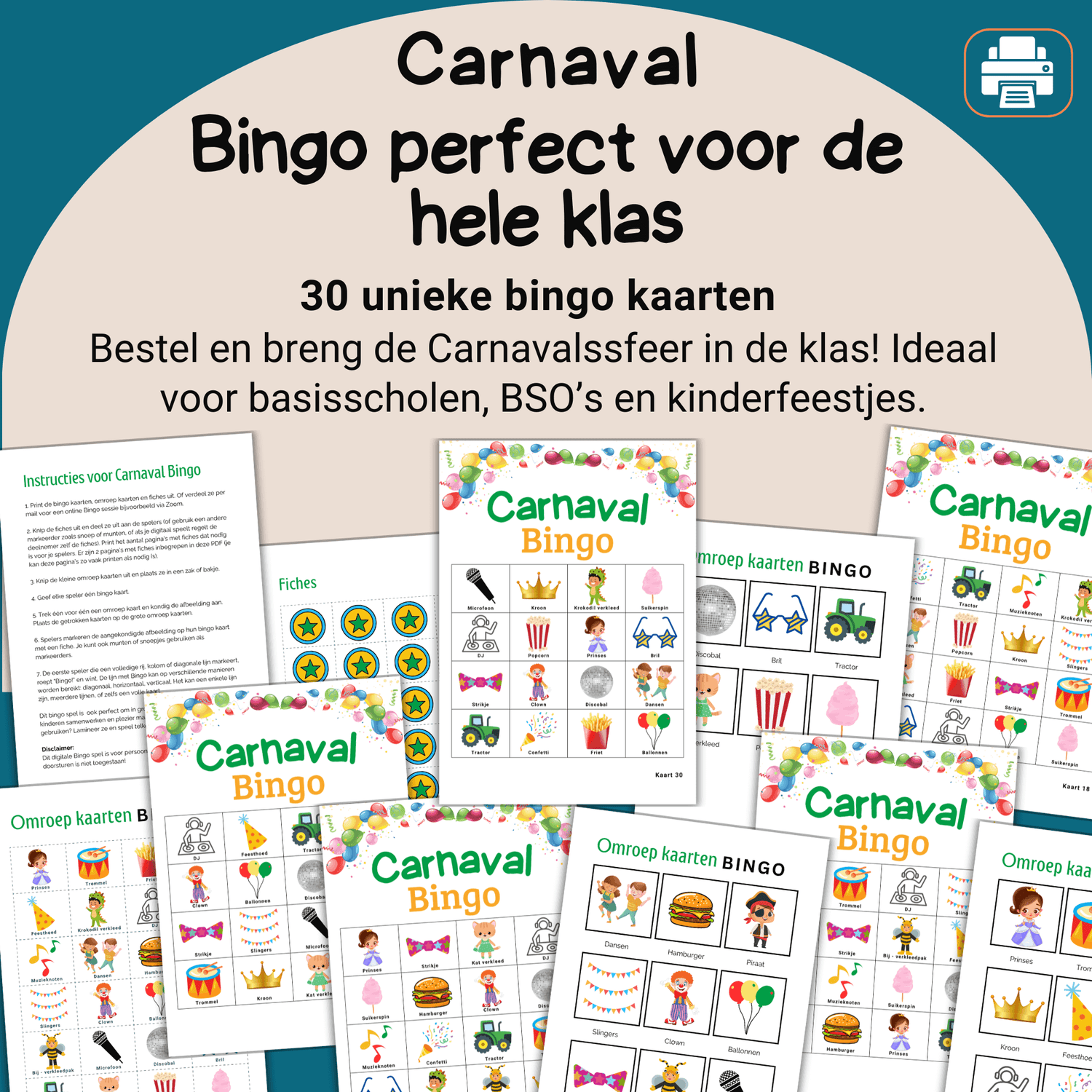 Carnaval spelletje basisschool – bingo met 30 unieke kaarten voor de klas