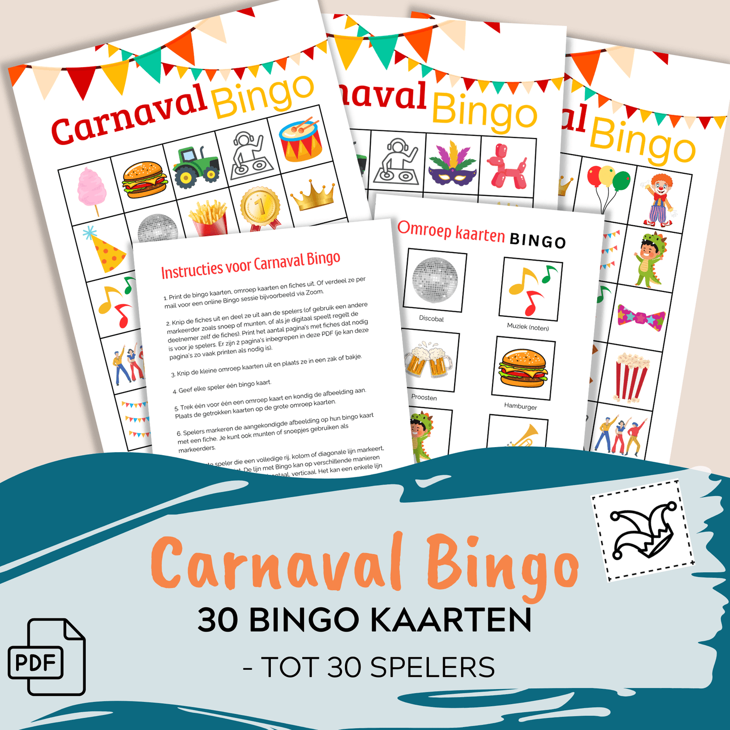 Carnaval bingo als PDF om te printen voor jouw Carnavalsfeest, tot 30 personen