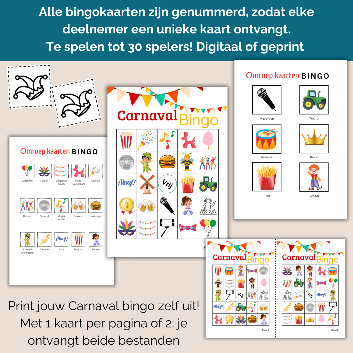 Carnaval Bingo PDF met feestelijke illustraties 30 bingo kaarten