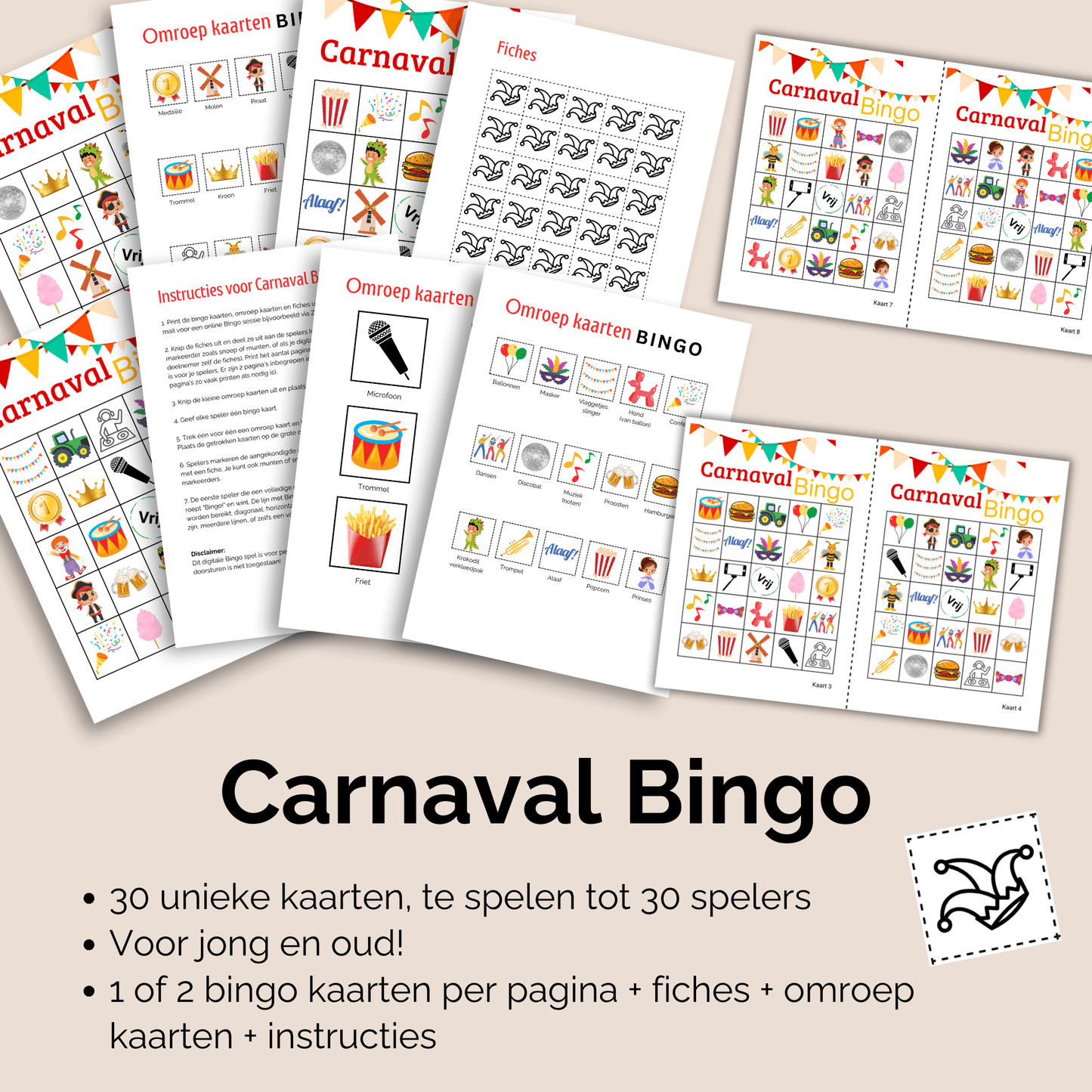 Plaatjes Bingo in Carnaval thema voor feestjes en scholen