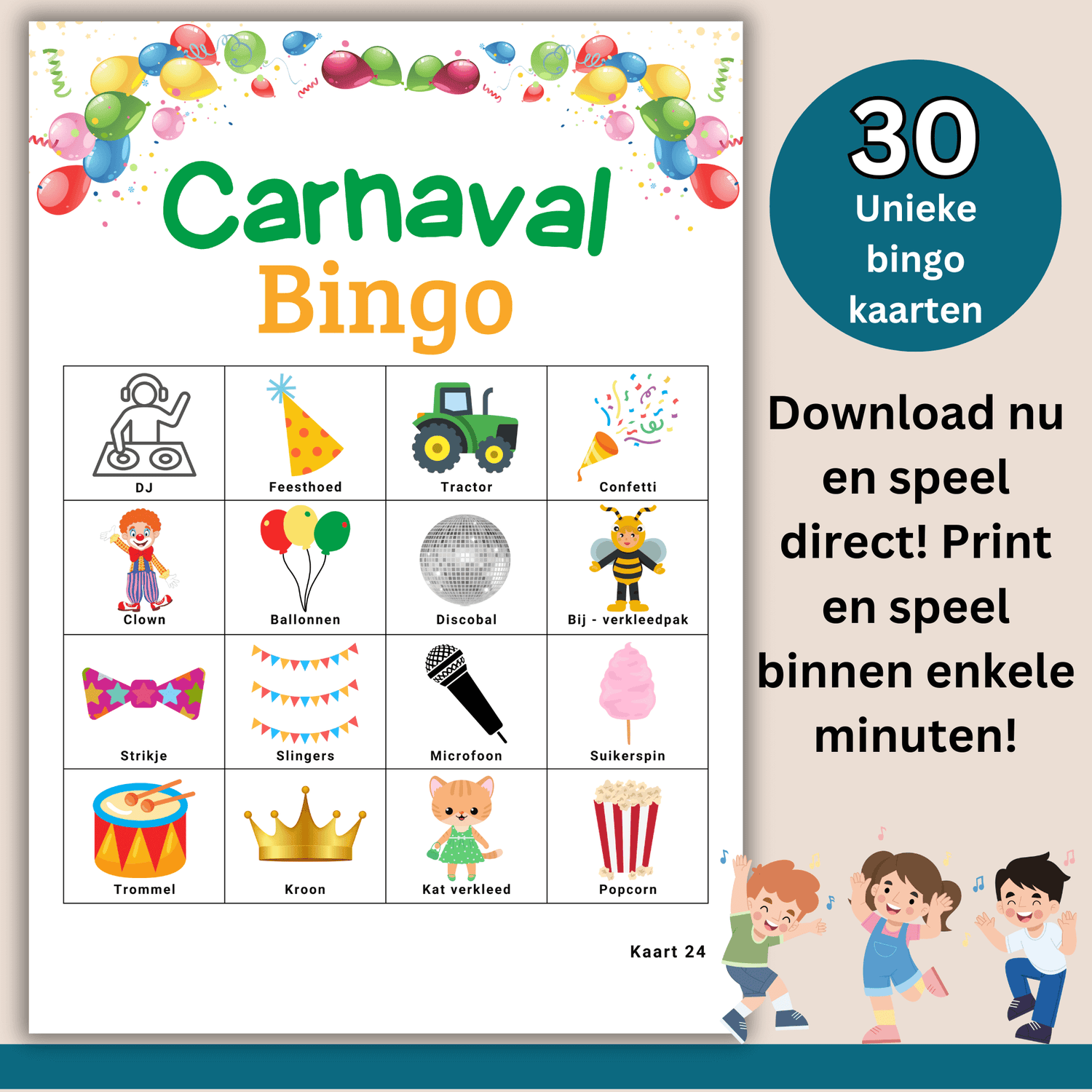 Carnaval activiteiten voor kinderen – bingo spelen op school of thuis, 30 spelers