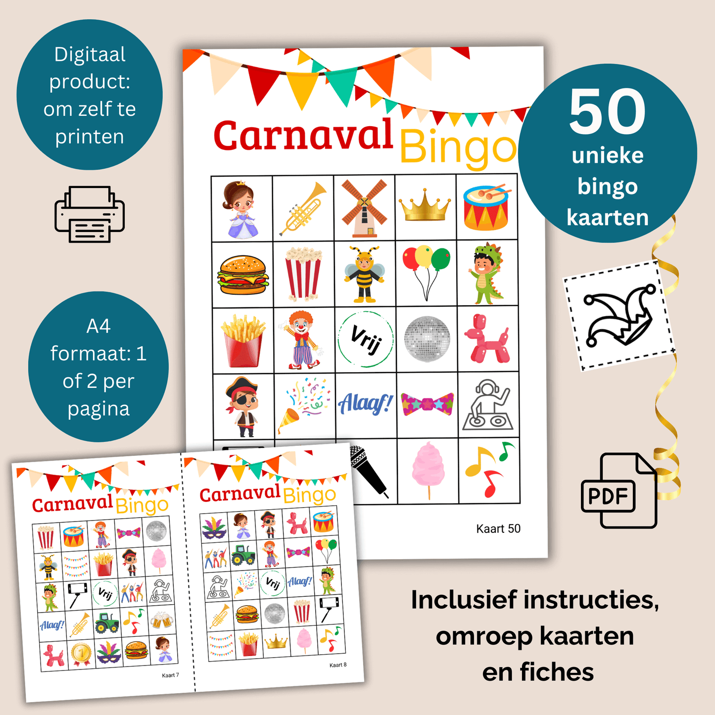 Carnavalsbingo PDF met 50 unieke kaarten voor grote groepen