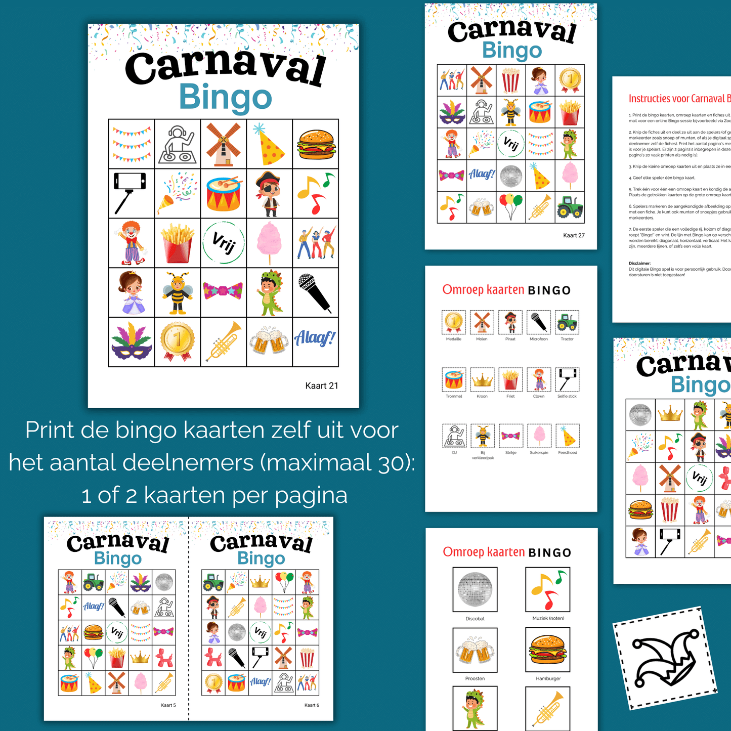 Carnavals bingo spel met feestelijke plaatjes – download en speel direct, 30 bingo kaarten