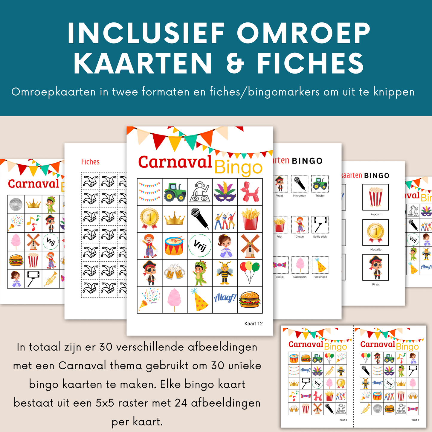 Carnaval spelletje met 30 unieke bingo kaarten als PDF