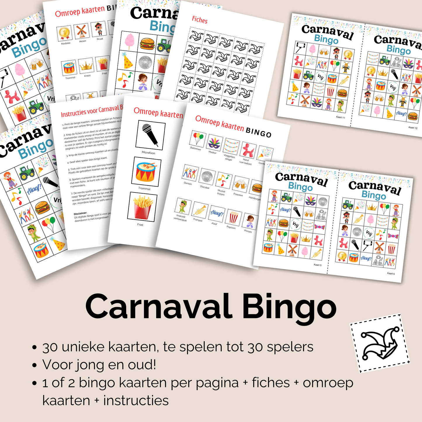 Carnaval spelletje – Bingo PDF met 30 unieke kaarten vol plaatjes