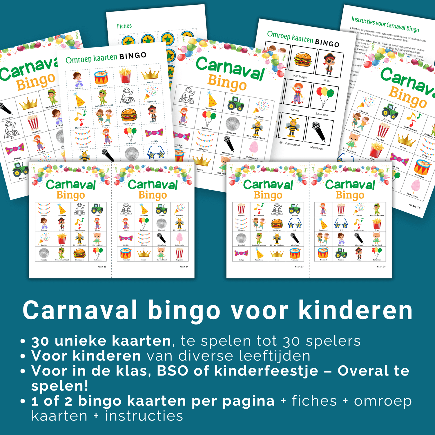 Printbare Carnaval bingo voor kinderen, 30 unieke kaarten als PDF