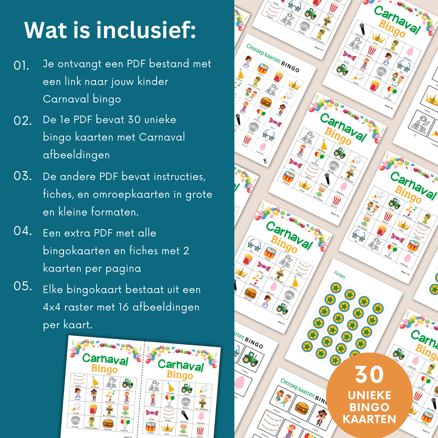 Carnavalsbingo voor kinderen – perfecte activiteit voor in de klas, 30 unieke kaarten