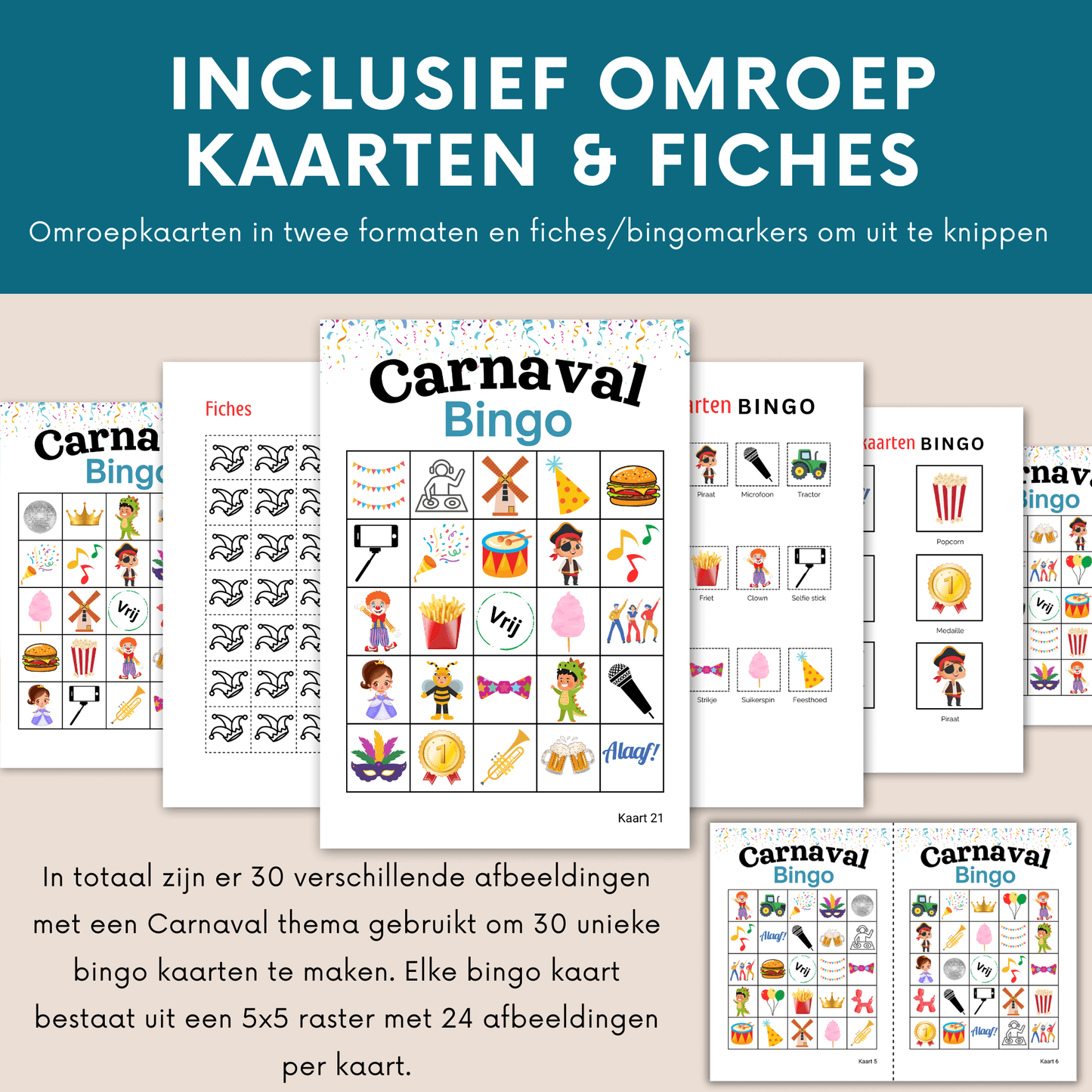 Digitale bingo voor Carnaval spelletje – 30 unieke kaarten direct te downloaden