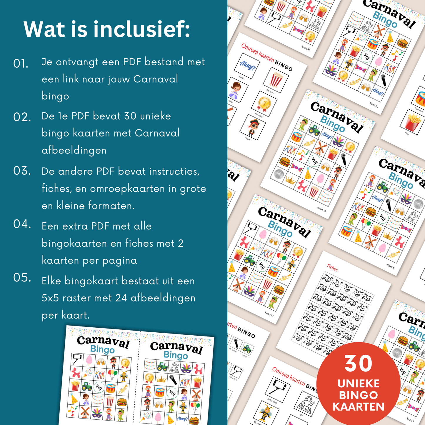 Plaatjes bingo in Carnaval thema – perfect voor kinderen en volwassenen, het leukste Carnaval spelletje, 30 personen