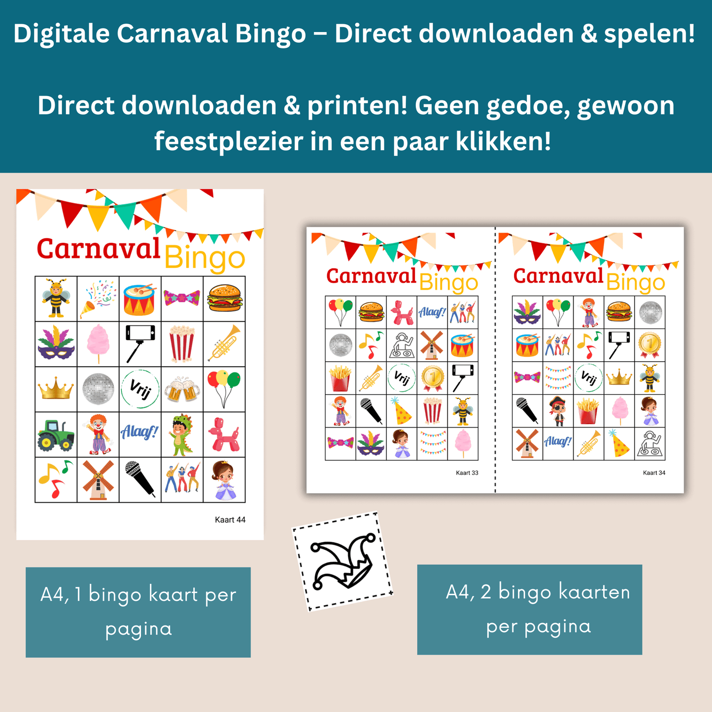 Printbare (uit te printen) Carnavalsbingo – digitaal spel PDF met 50 bingo kaarten